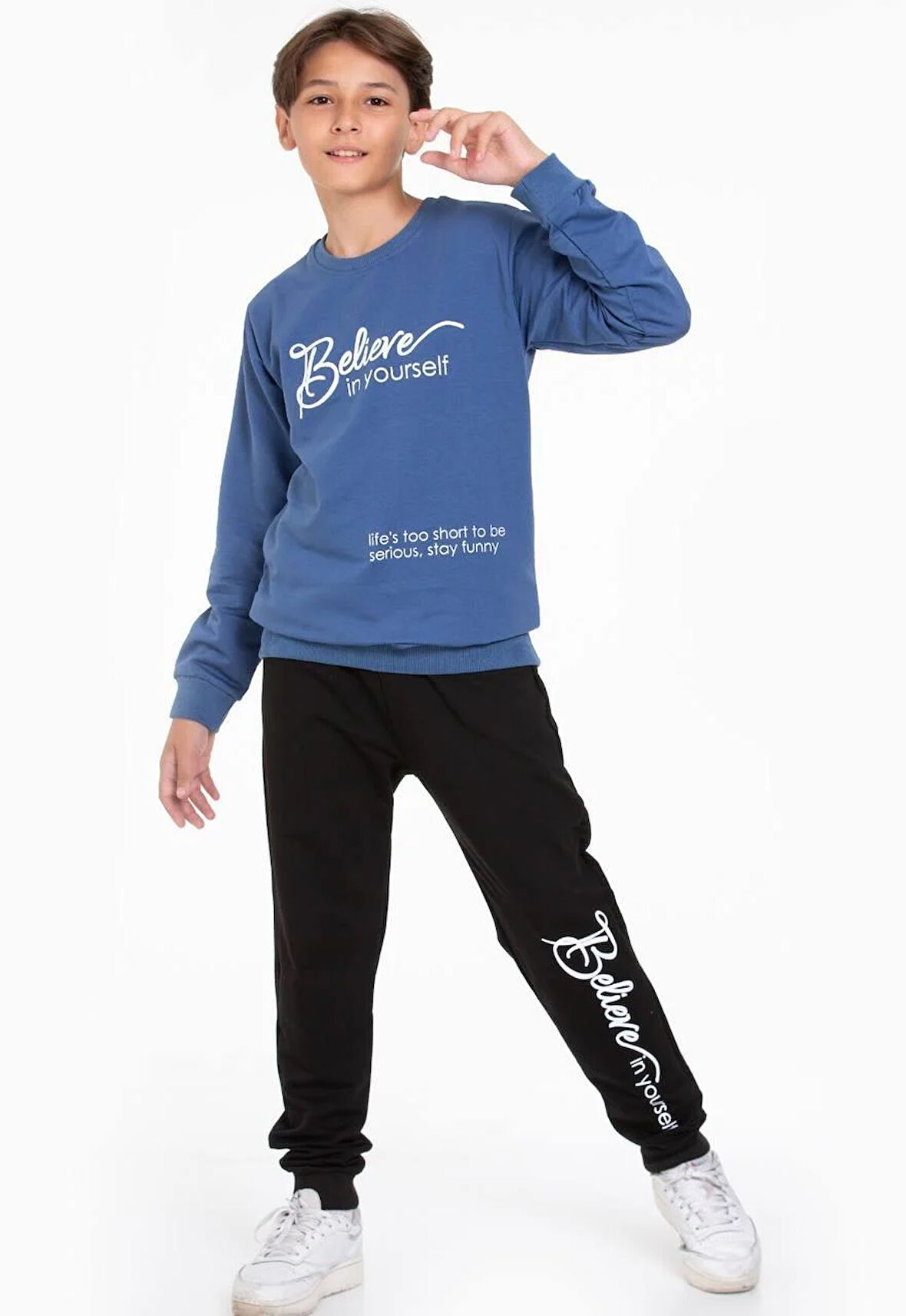 Believe in Yourself Baskılı Sweatshirt ve Eşofman Takımı Mavi 5-14