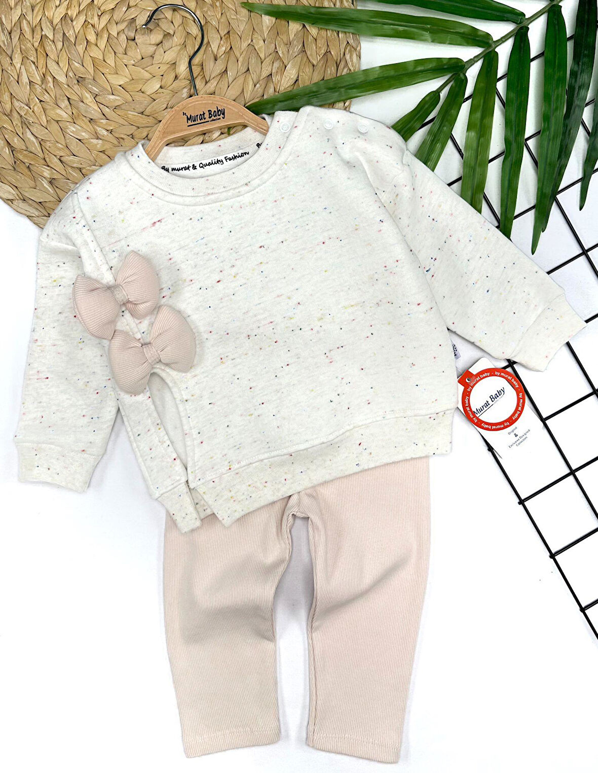 Puantiyeli Fiyonklu İkili Bebek Takımı - Krem 6-24