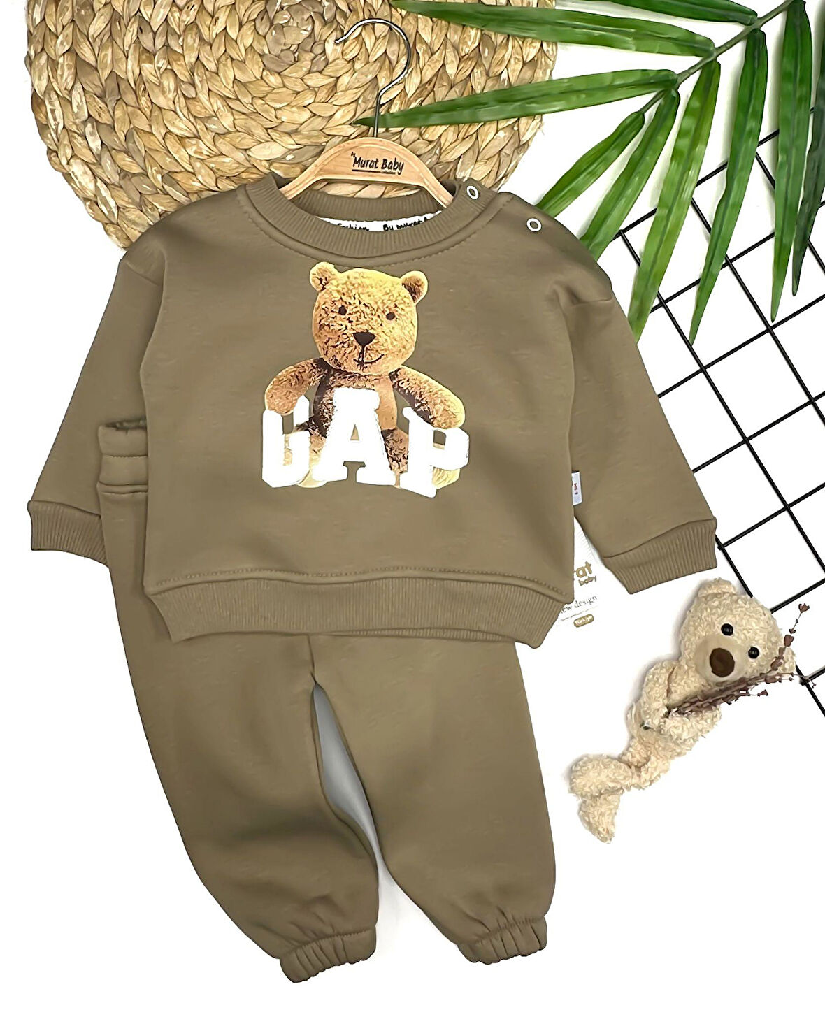 Erkek Bebek Peluş Ayı Baskılı 2'li Takım Bej