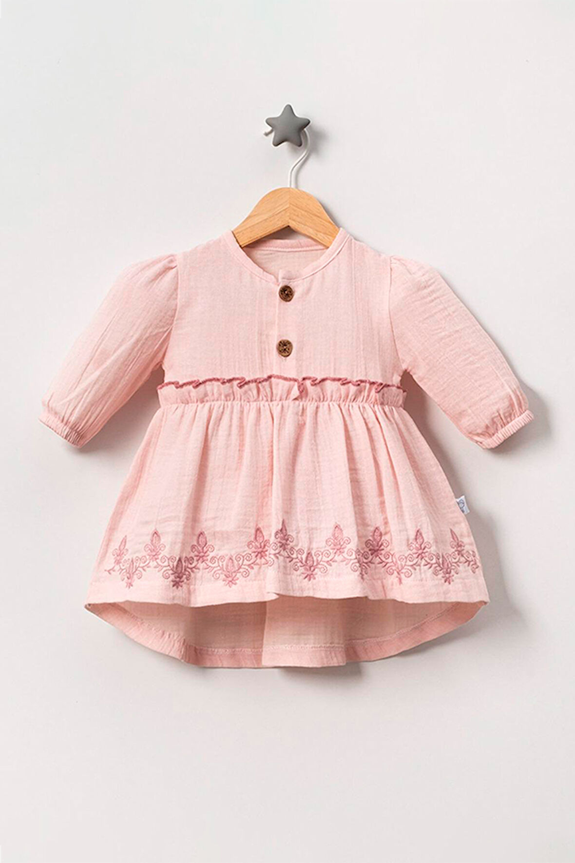 Kız Bebek Eteği Çiçek Nakışlı Müslin Elbise Pembe
