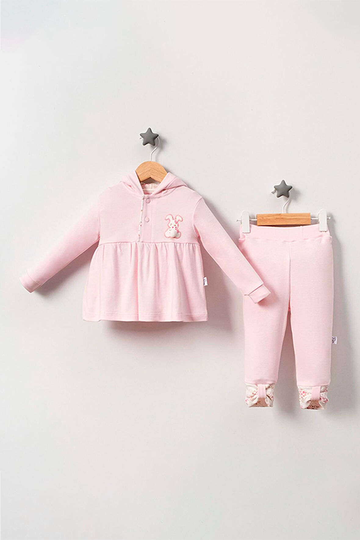 Kız Bebek Kapüşonlu Tavşan Detaylı İkili Takım Pembe