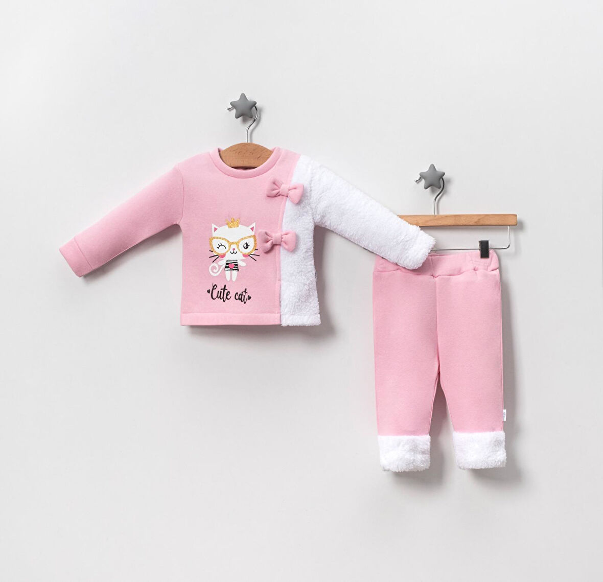 Kız Bebek Taçlı Cute Cat İkili Takım - Pembe