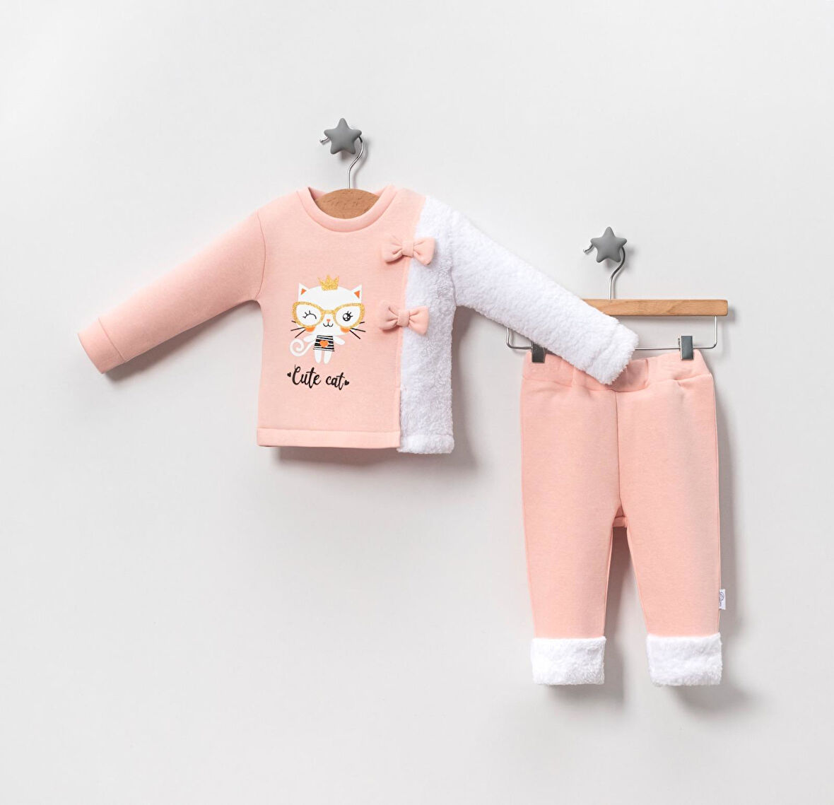 Kız Bebek Taçlı Cute Cat İkili Takım - Pudra