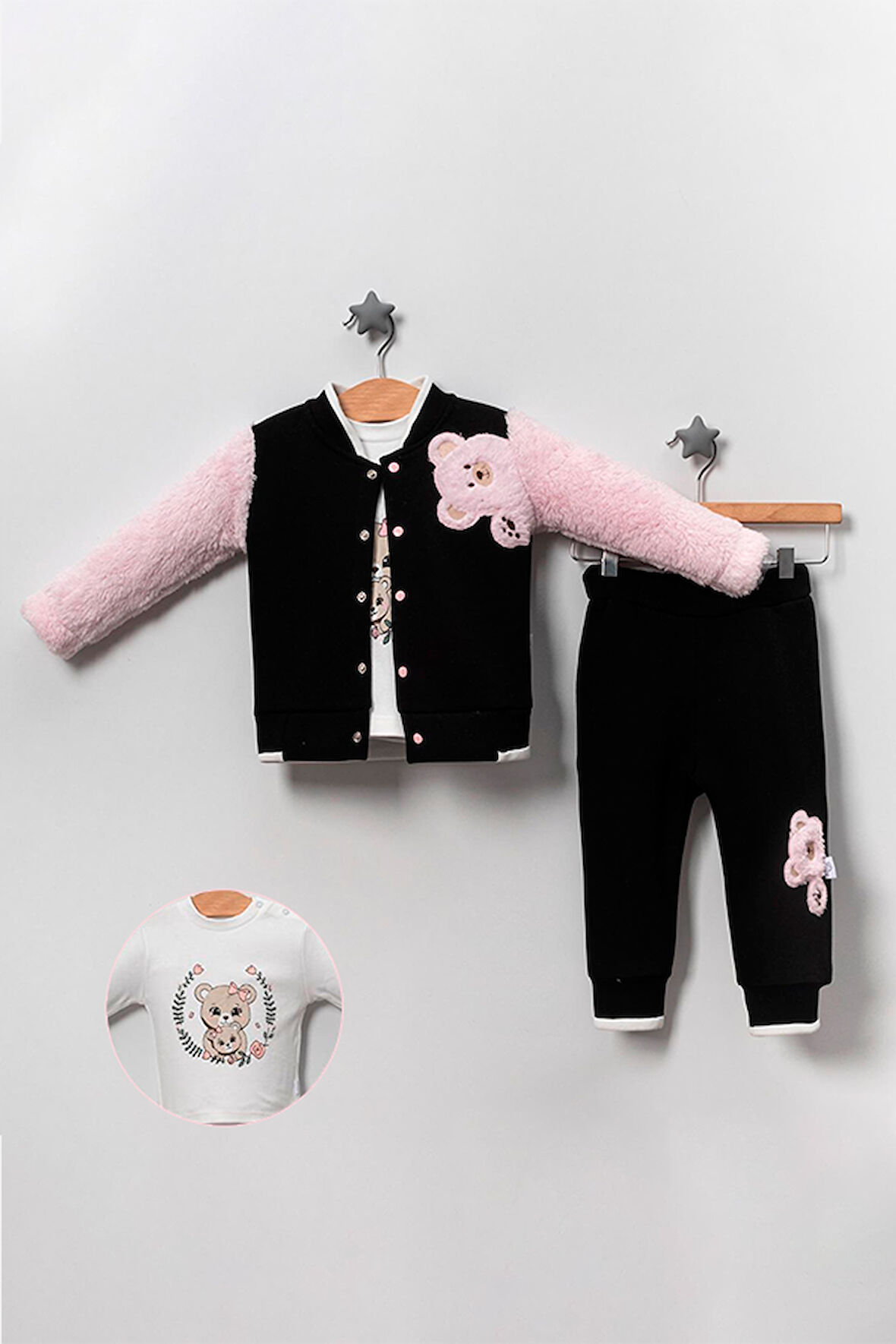 Kız Bebek Ayıcık Desenli Üçlü Takım - Siyah/Pembe