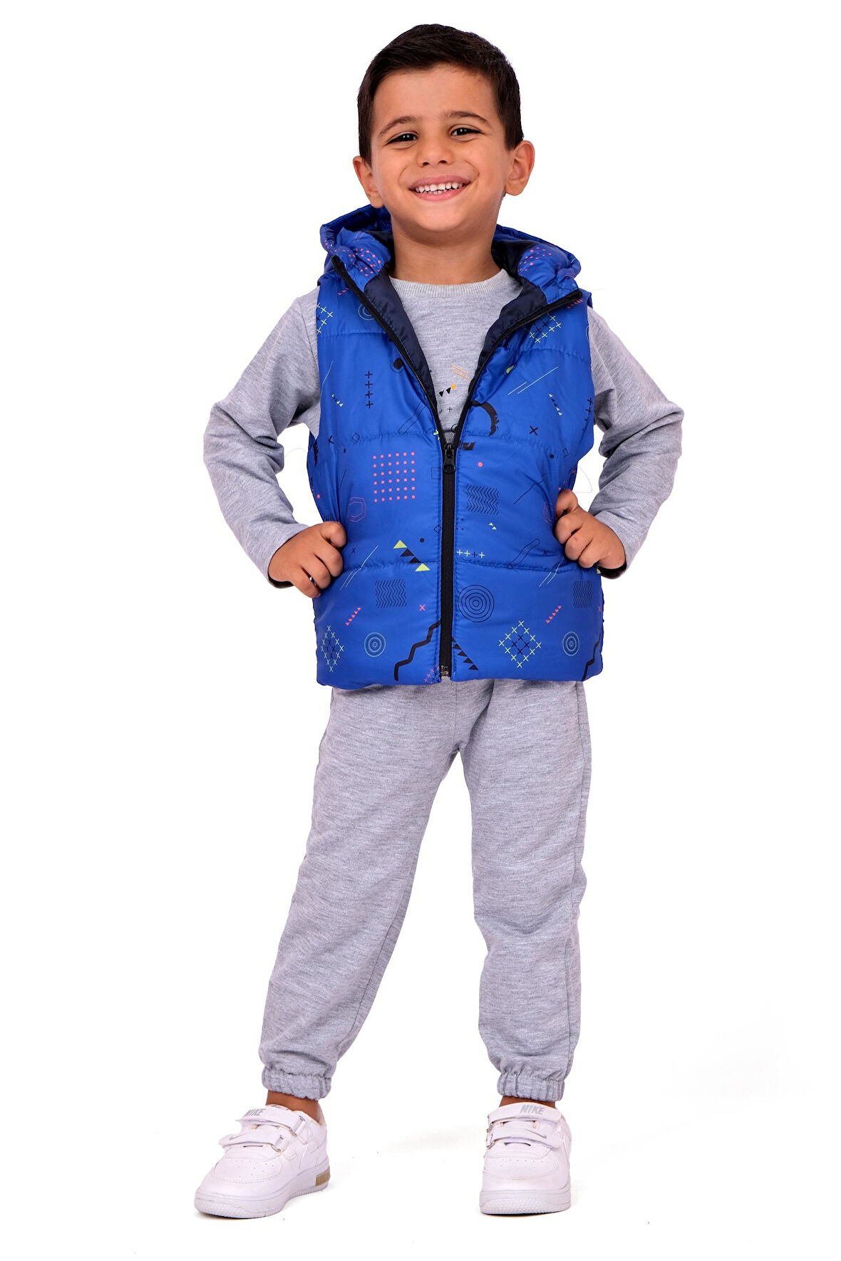 Erkek Bebek Kapüşonlu Yelekli 3'Lü Takım - Mavi