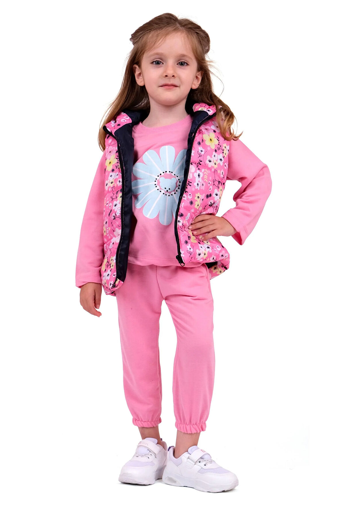 Kız Bebek Çiçek Desenli 3'lü Takım - Pembe