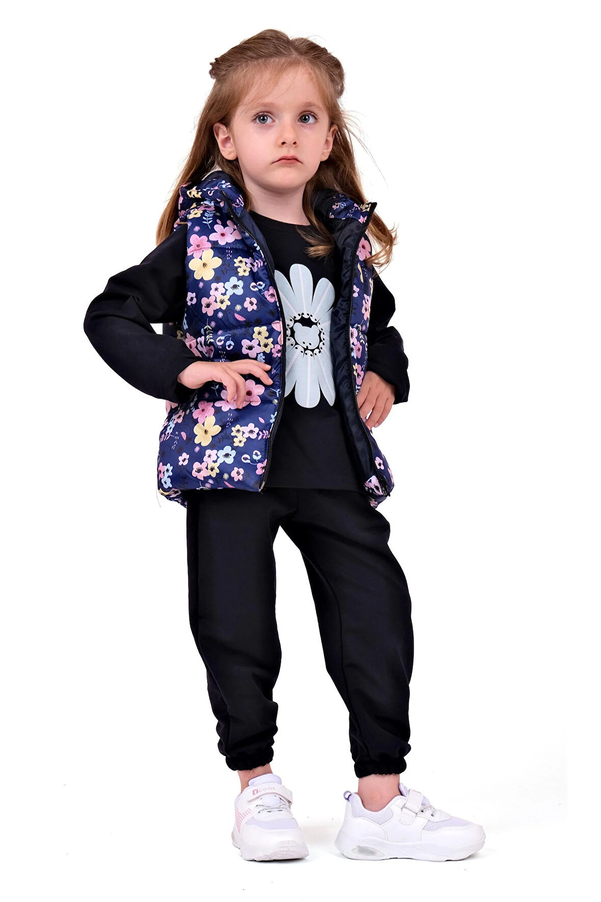 Kız Bebek Çiçek Desenli 3'lü Takım - Siyah
