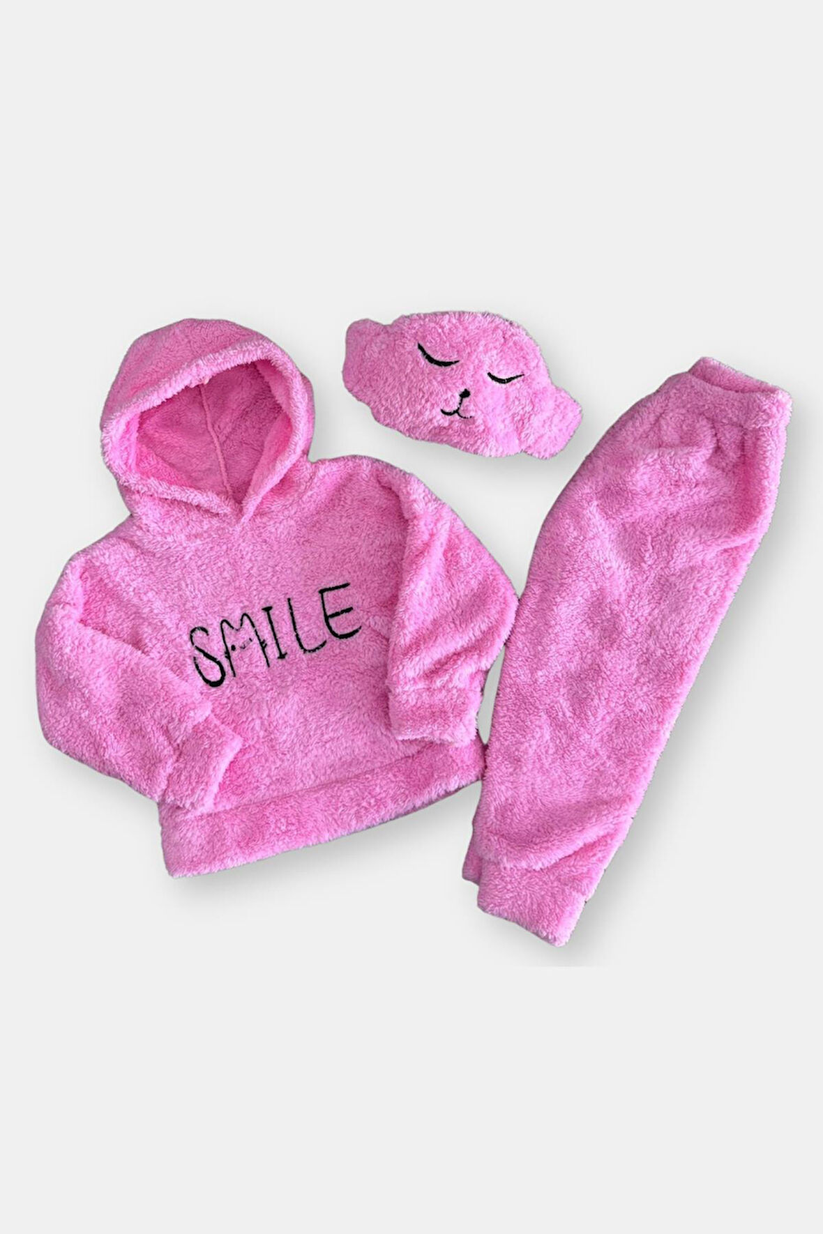 Kız Çocuk Kapüşonlu Peluş Smile Yazılı Çantalı Pembe Alt Üst Takım