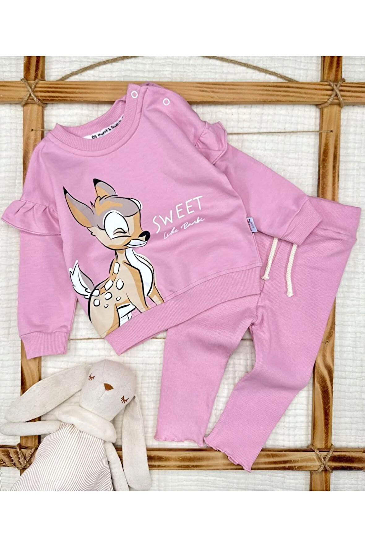 Kız Bebek Sevimli Geyik Desenli Pembe Alt Üst Takımı