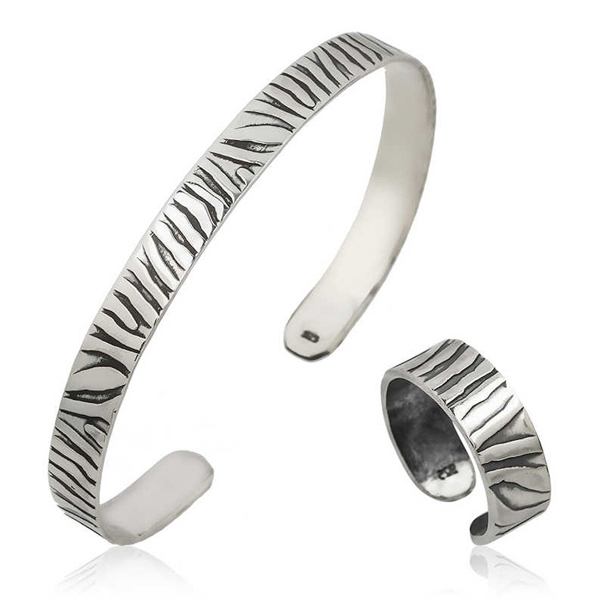 KENPAZAR 925 Ayar Gümüş Zebra Desenli Bileklik Ve Yüzük Set