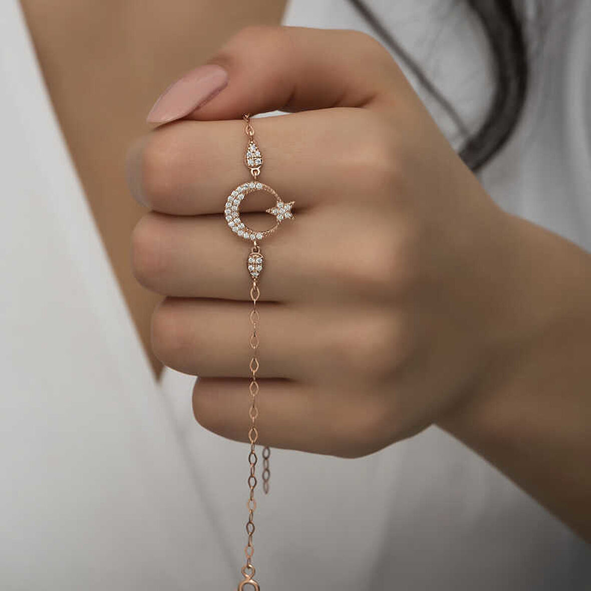 KENPAZAR 925 Ayar Gümüş Rose Ay Yıldız Kadın Bileklik