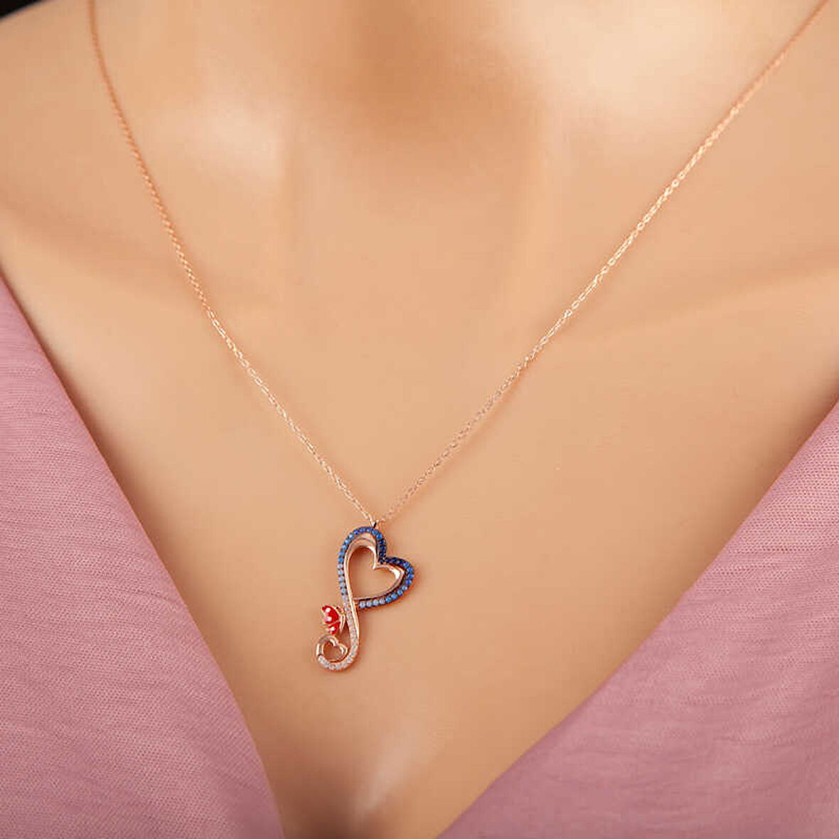 KENPAZAR Gümüş Rose Kalpli Kelebek Kadın Kolye