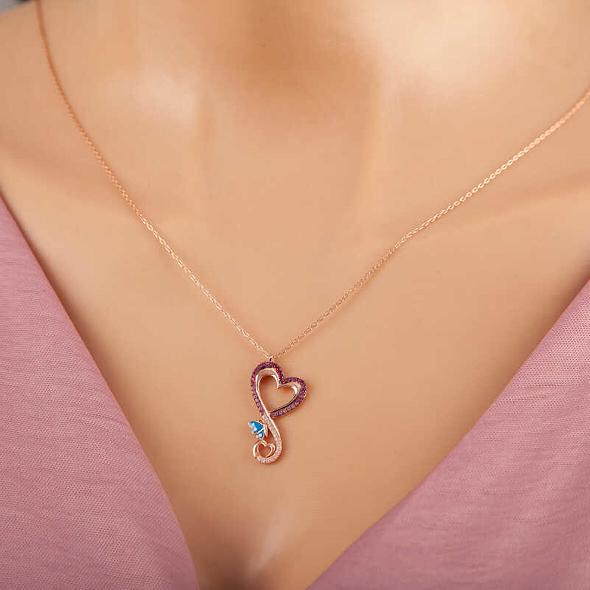 KENPAZAR Gümüş Rose Kalpli Kelebek Kadın Kolye