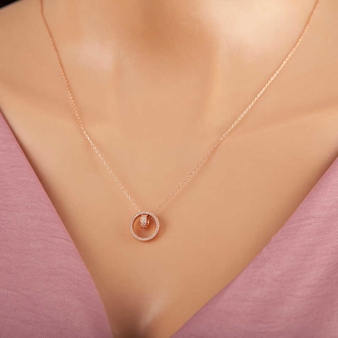 KENPAZAR 925 Ayar Gümüş Rose İç İçe Geçmiş Halka Kadın Kolye