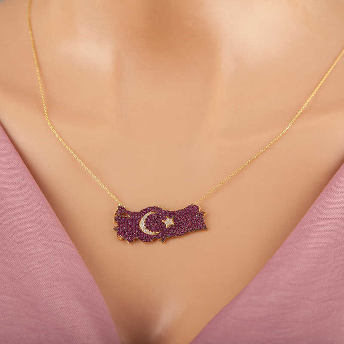 KENPAZAR 925 Ayar Gümüş Gold Ay Yıldız Türkiye Haritası Kadın Kolye