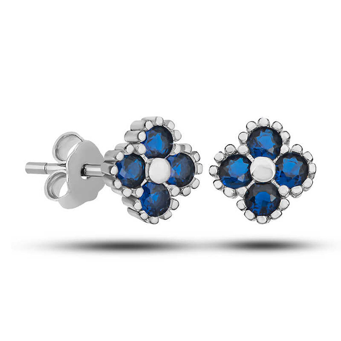 KENPAZAR Gümüş Yonca Çivili Mavi Taşlı Çocuk Küpe