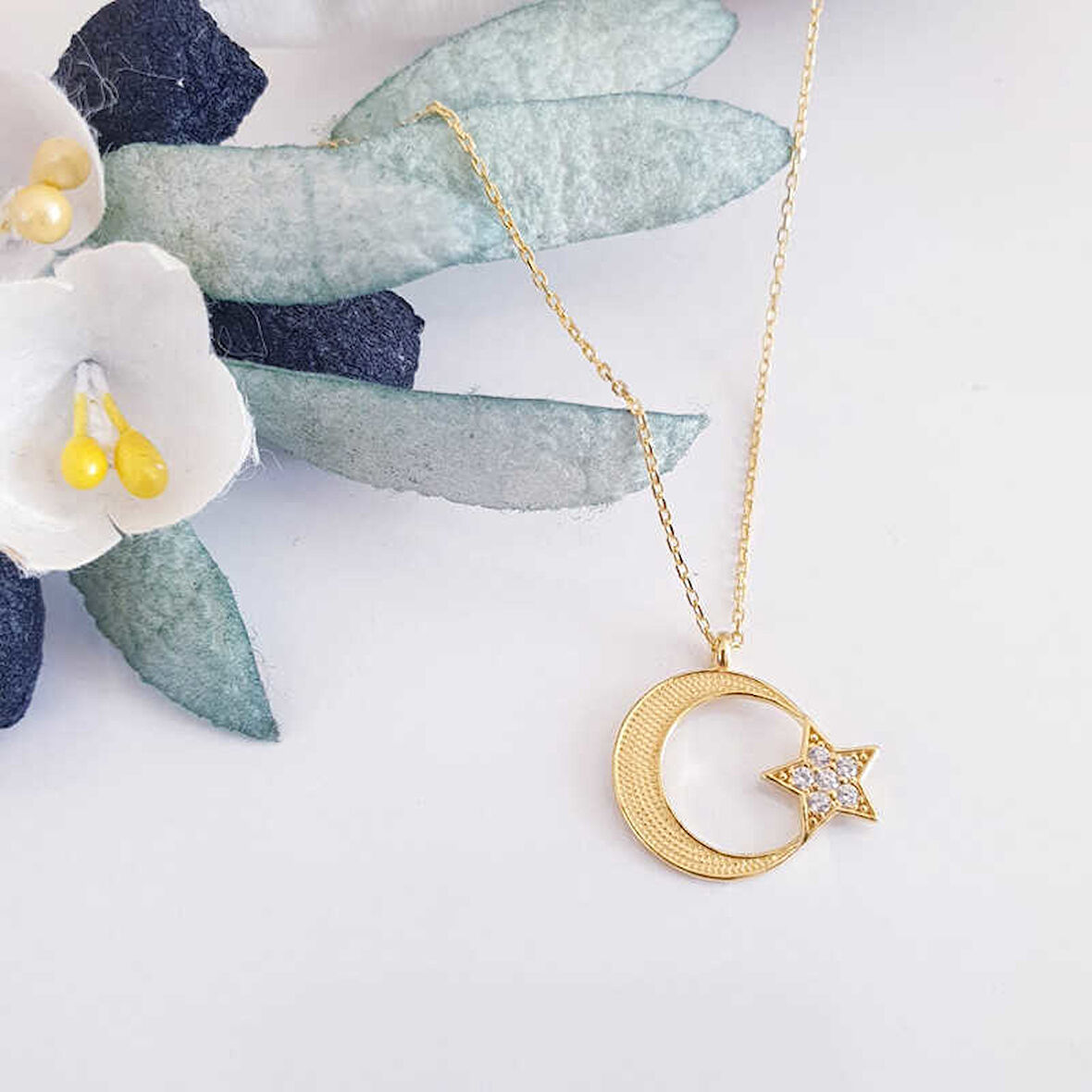 KENPAZAR 925 Ayar Gümüş Gold Ay Yıldız Kadın Kolye