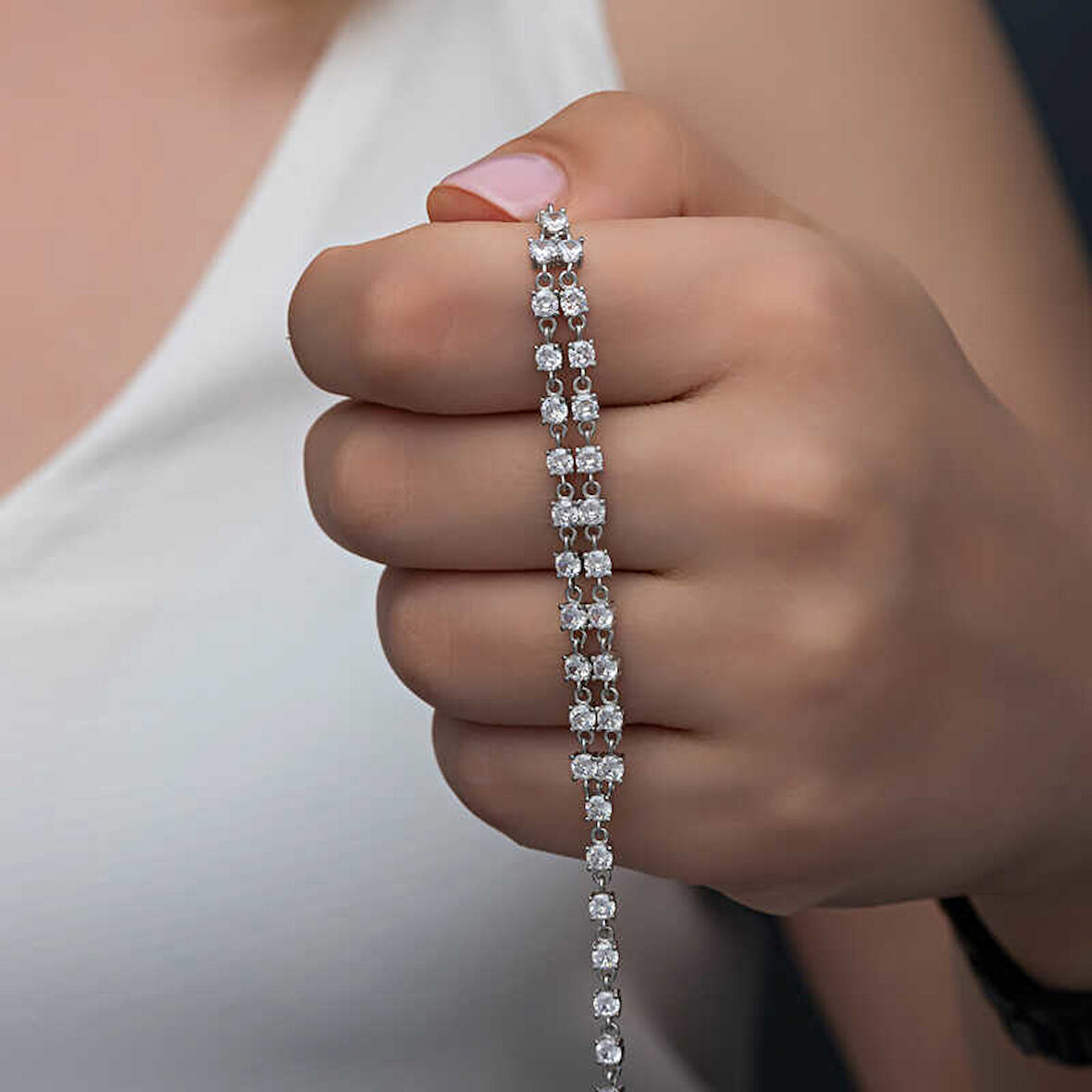KENPAZAR 925 Ayar Gümüş Zirkon Taşlı Çift Sıra Kadın Bileklik