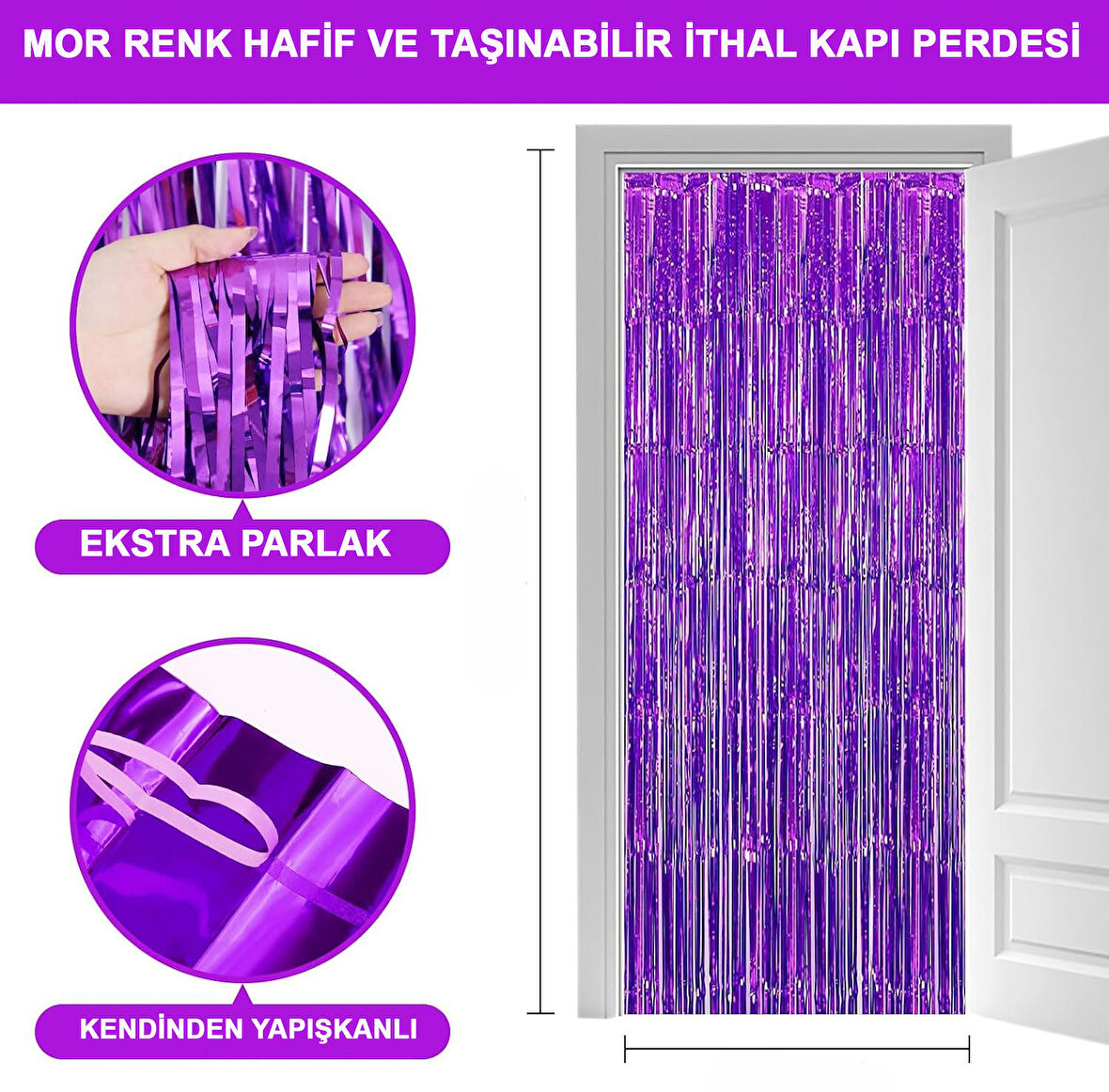 KENPAZAR Mor Renk Ekstra Metalize Parlak Saçaklı Arka Fon Perde İthal A Kalite 1x2 Metre
