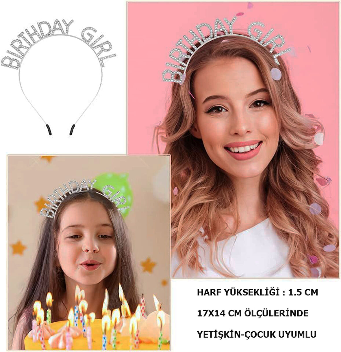 KENPAZAR Kristal Taşlı Gümüş Birthday Girl Yazılı Doğum Günü Parti Tacı 19x11 cm