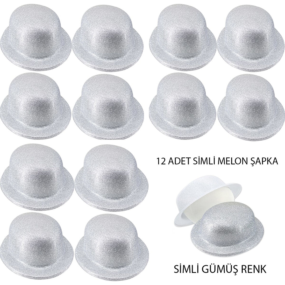 KENPAZAR Gümüş Renk Simli Melon Yuvarlak Parti Şapkası 12 Adet