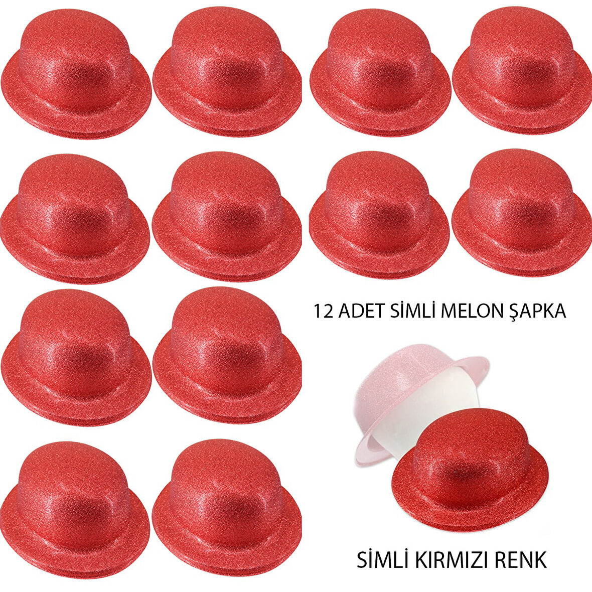 KENPAZAR Kırmızı Renk Simli Melon Yuvarlak Parti Şapkası 12 Adet