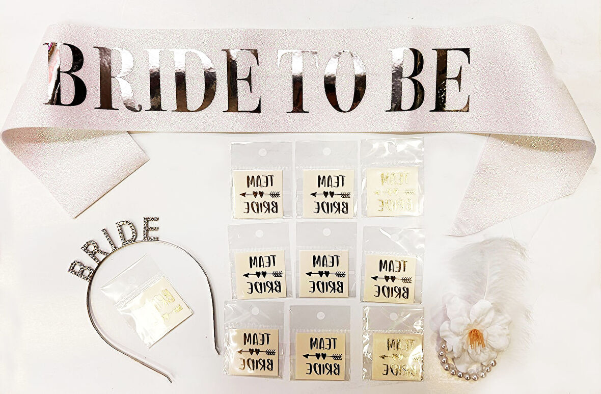 KENPAZAR Gümüş Renk Bride Partisi Taç Kuşak Dövme Bileklik Seti Full 13 Parça