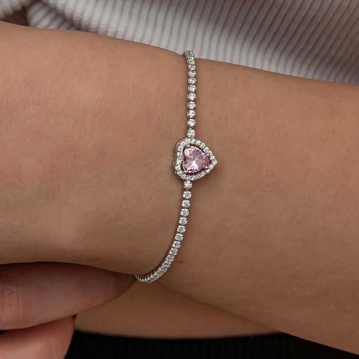KENPAZAR Gümüş Pembe Taşlı Kalpli Su Yolu Bileklik