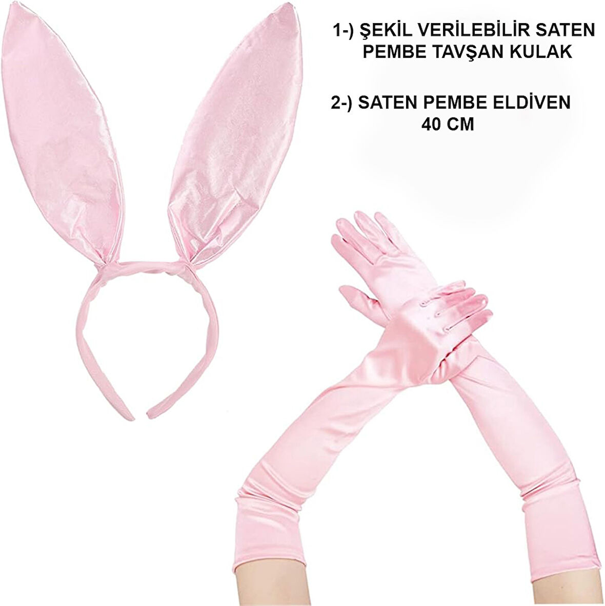KENPAZAR Saten Kaplama Soft Pembe Eldiven 40 cm ve Tavşan Kulak 2 li Set