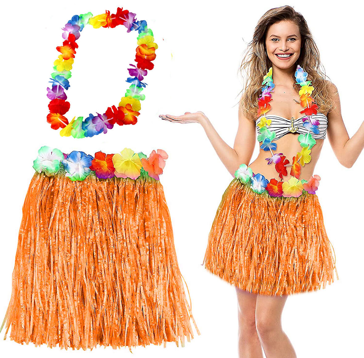 KENPAZAR Hawaii Luau Aloha Turuncu Püsküllü 40 cm Etek ve Hawaii Kolye Seti