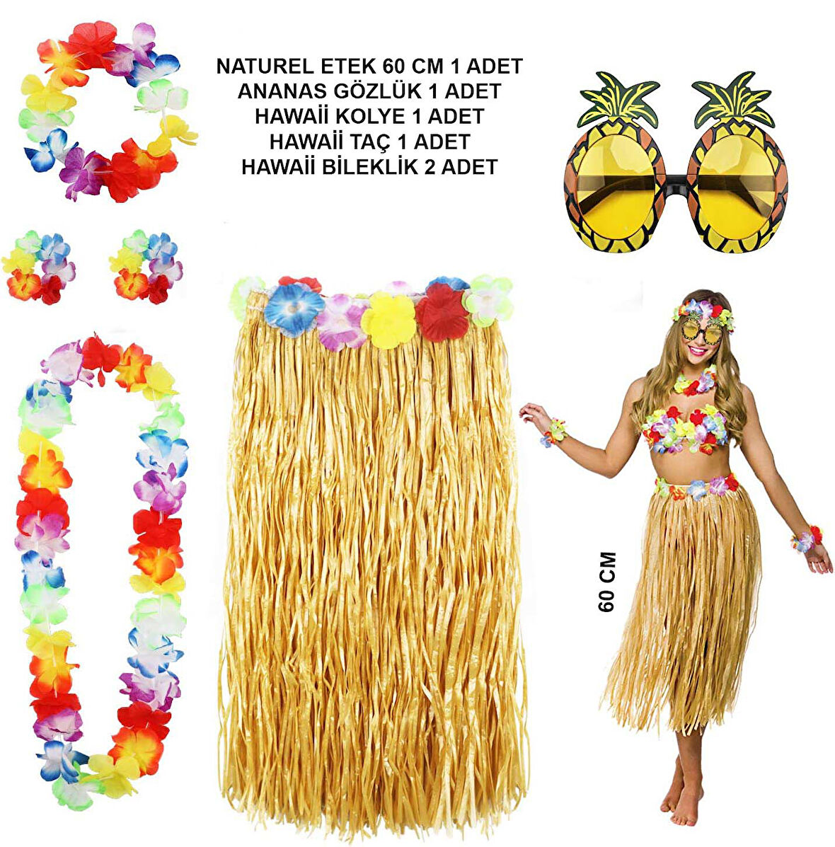 KENPAZAR Hawaii Parti Kostüm Seti - 60 cm Hasır Etek, Çiçekli Aksesuarlar ve Ananas Gözlük