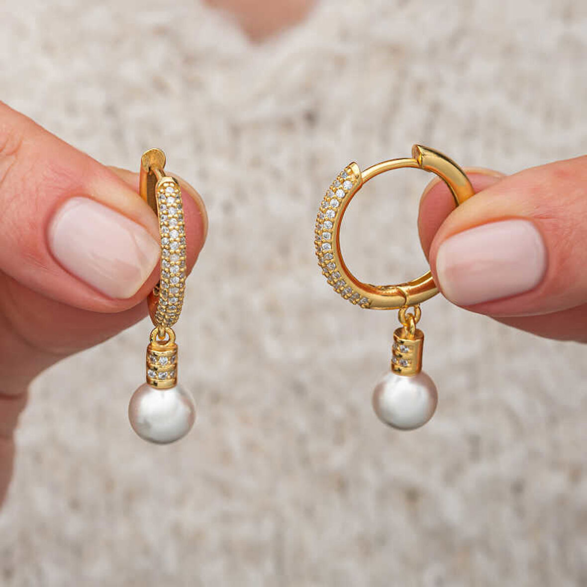 KENPAZAR Gümüş Zirkon Taşlı Gold Halka İnci Küpe