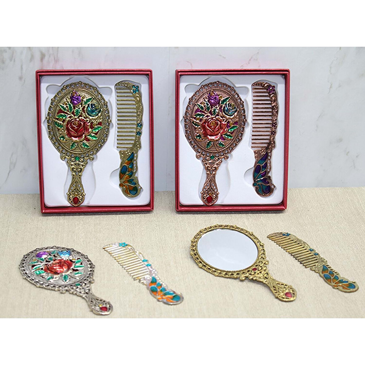 KENPAZAR Gül Tasarımı Ayna Ve Tarak Seti Küçük Boy
