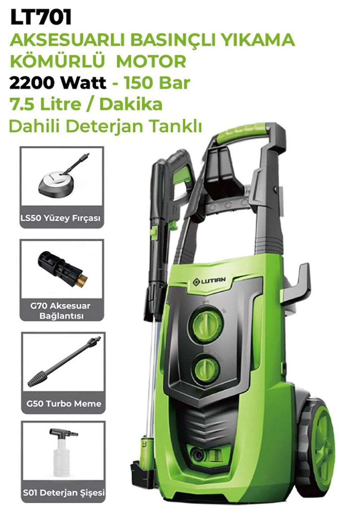 LUTİAN LT701 - 150 BAR Aksesuarlı Yüksek Basınçlı Araba Yıkama Makinesi 2200 Watt (Kömürlü Motor)