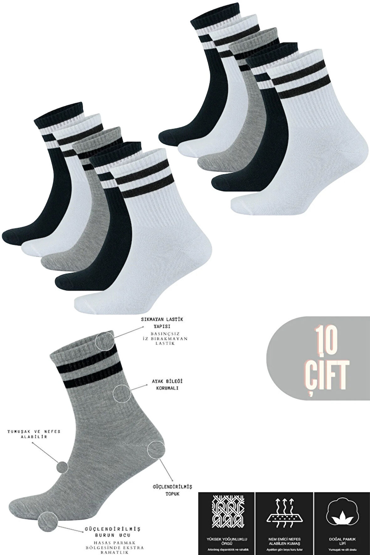 Kadın Erkek Düz Çizgili (10 ÇİFT) Çeyrek Soket Tenis Model Pamuklu Terletmez Çorap Seti