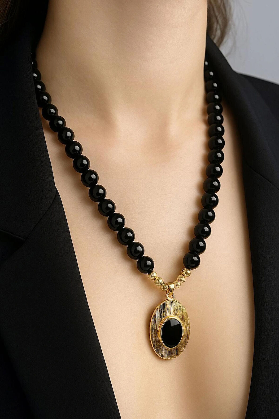  Siyah İnci Detaylı Oniks Taşlı Altın Kaplama 