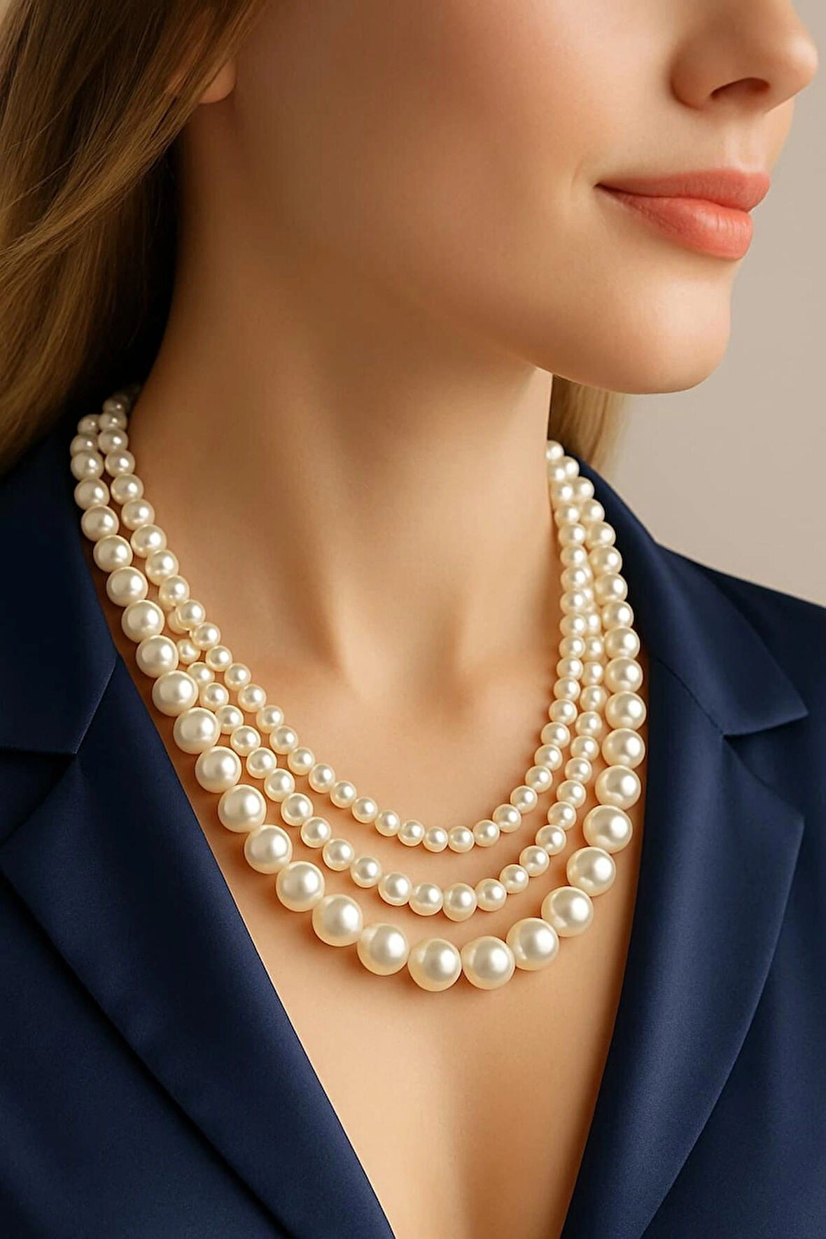 Üç Katlı Farklı Boy İncili Kolye