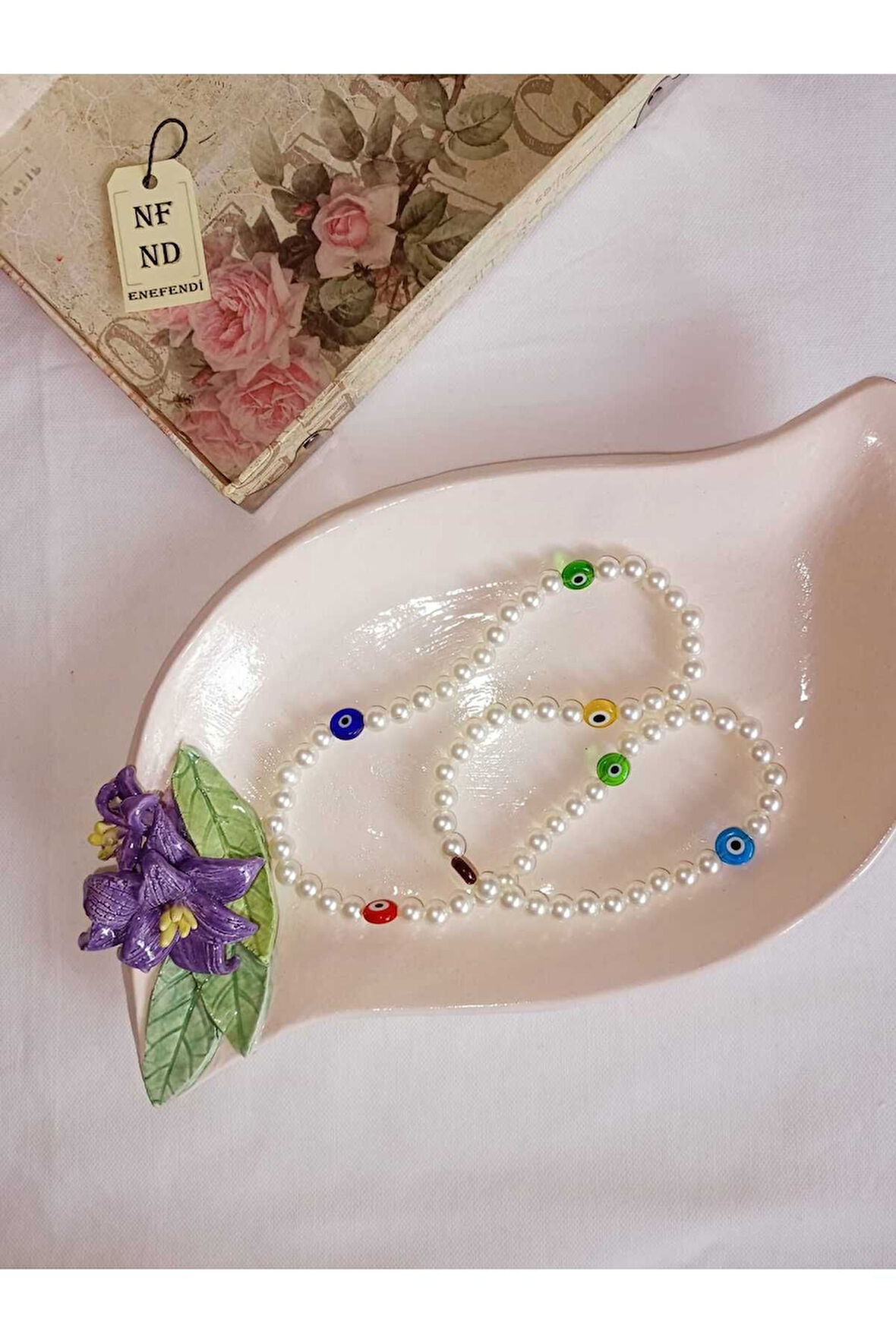 İNCİ KOLYE NAZAR BONCUKLU(CAM) KREM RENK İNCİLİ BONCUK MİSİNA İPLİ ESNEK HEDİYE 58cm