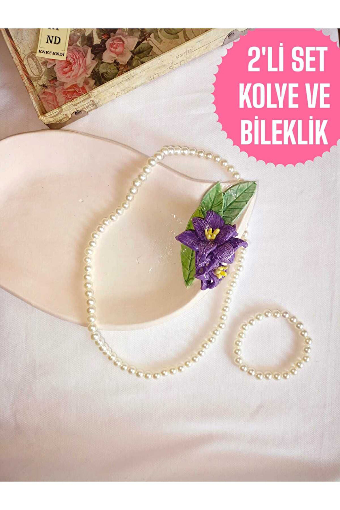 2Lİ SET İNCİ KOLYE VE BİLEKLİK KREM İNCİLİ BONCUK MİSİNA İPLİ ESNEK HEDİYE