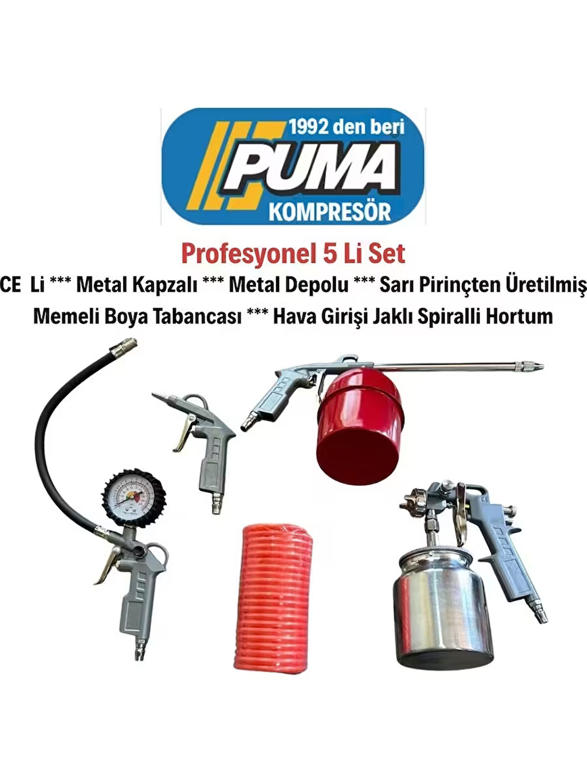 Povver 5 Li Havalı Set (Boya, Mazot, Lastik Şişirme, Hava, Spiral Hortum)