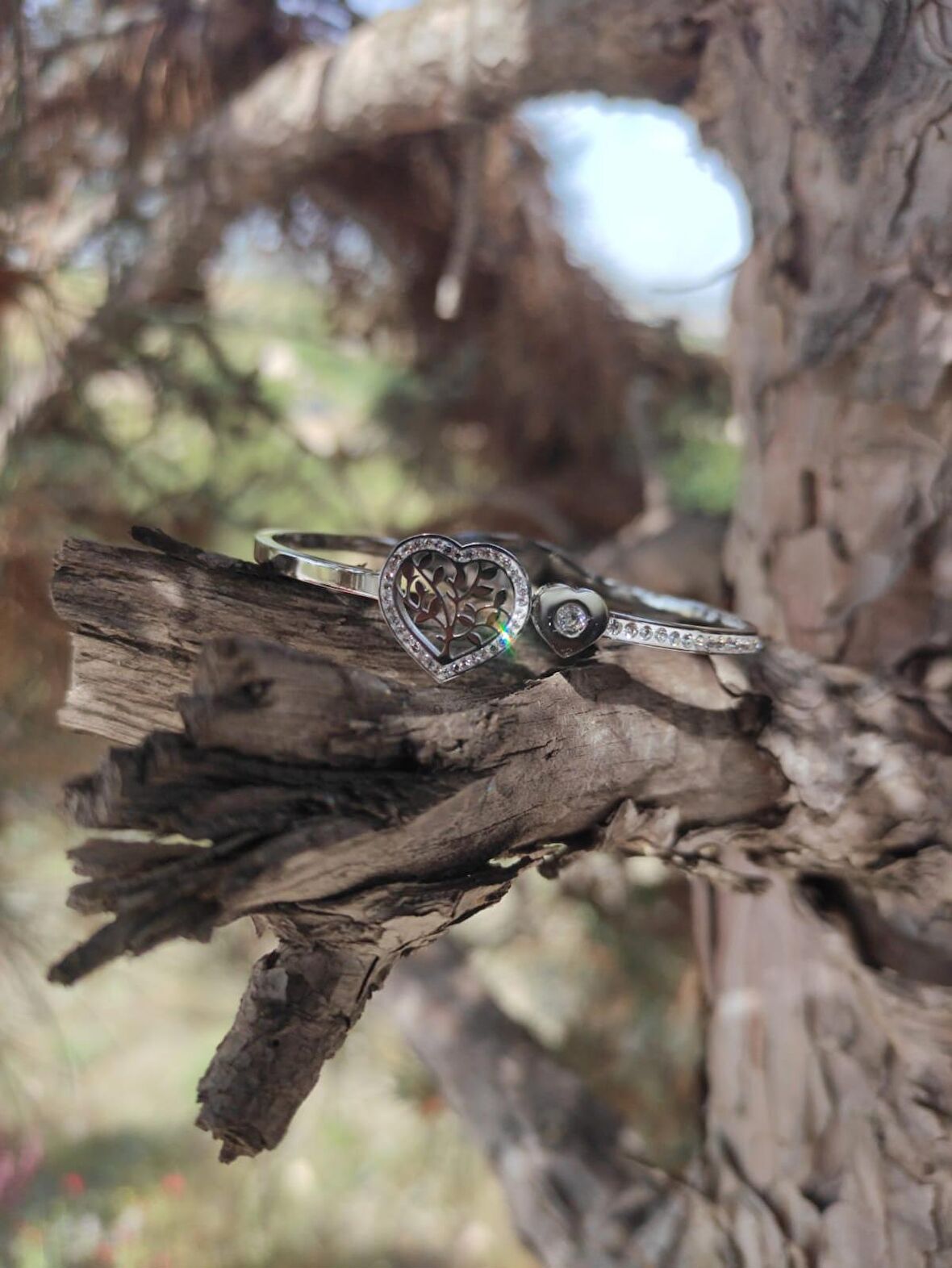 Konçerto Silver Çift Kalpli Hayat Ağacı 316 L Kelepçe Bileklik, Nişan, Düğün, Özel Günler İçin Takı