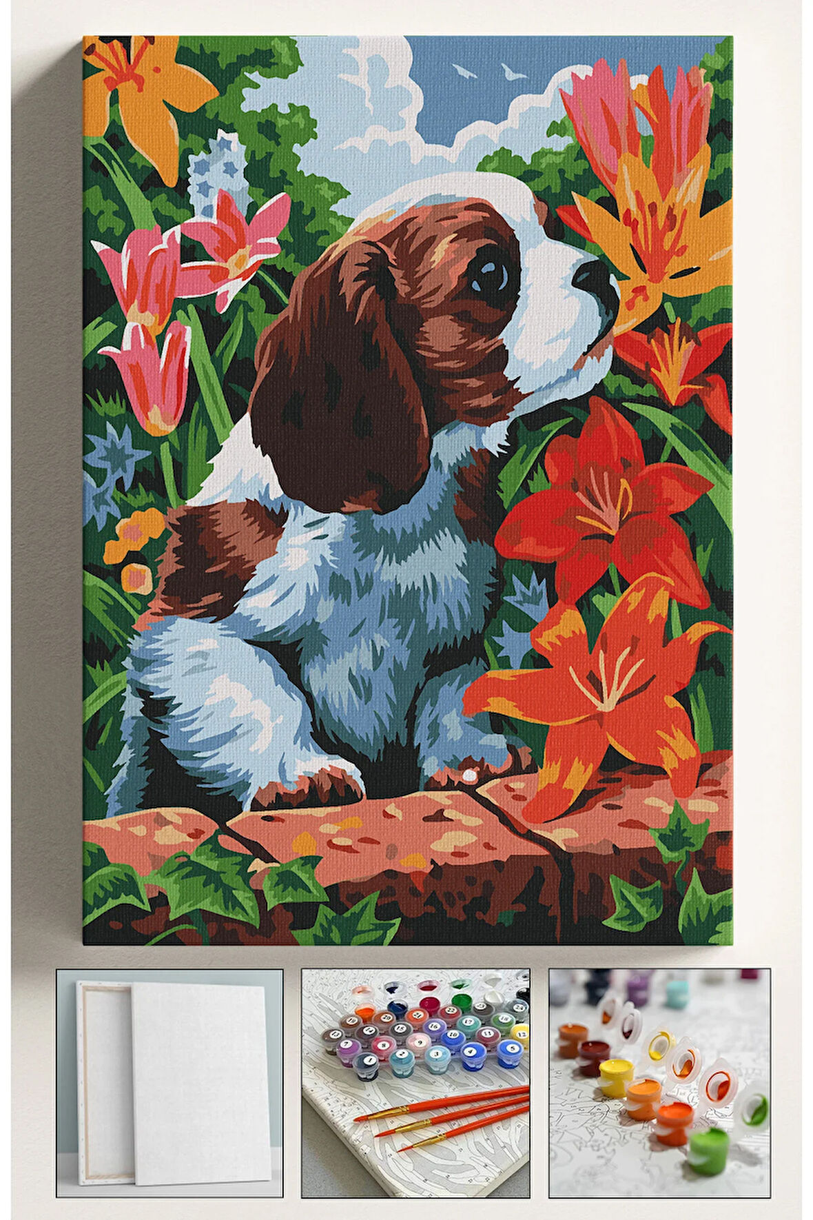 Sayılarla Boyama Seti Numaralı Tuval Fırça Boya 40x50 Cm Köpek ve Çiçek