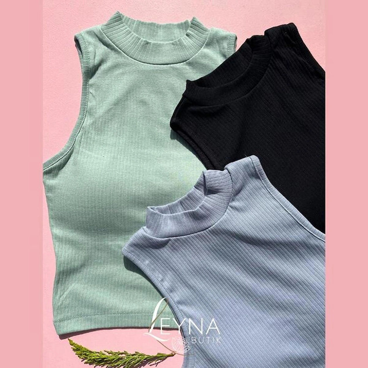 Kadın Fitilli Ribana Kumaş Sabit Pedli Balıkçı Yaka 3'lü Mavi, Siyah, Yeşil Crop Atlet