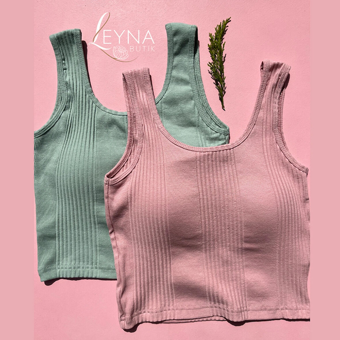 Pamuklu Kaşkorse Çizgili Kumaş Sabit Pedli 2'li Pudra Ve Yeşil Kadın Yarım Atlet