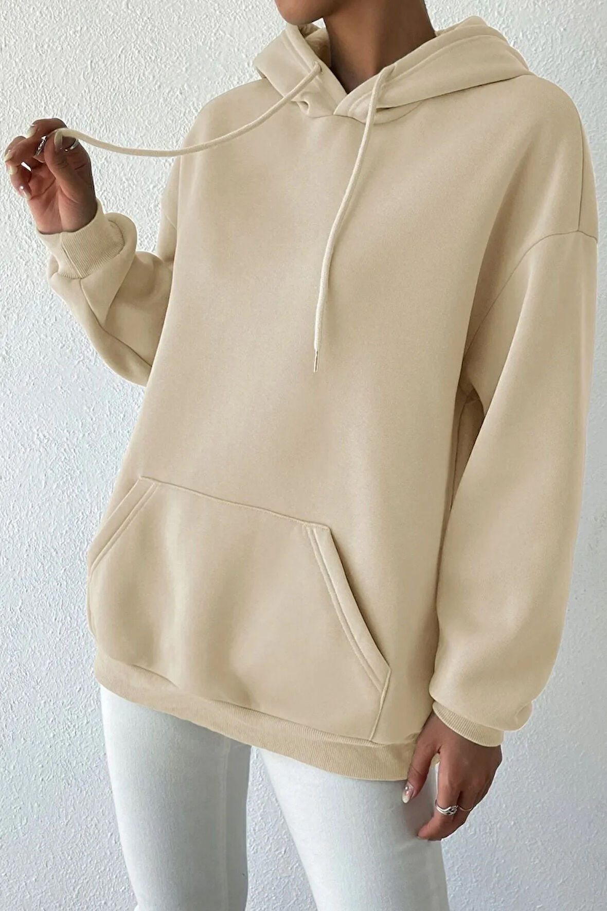 Bej Rengi Unisex Pamuk Şardonlu Kapüşonlu Sweatshirt