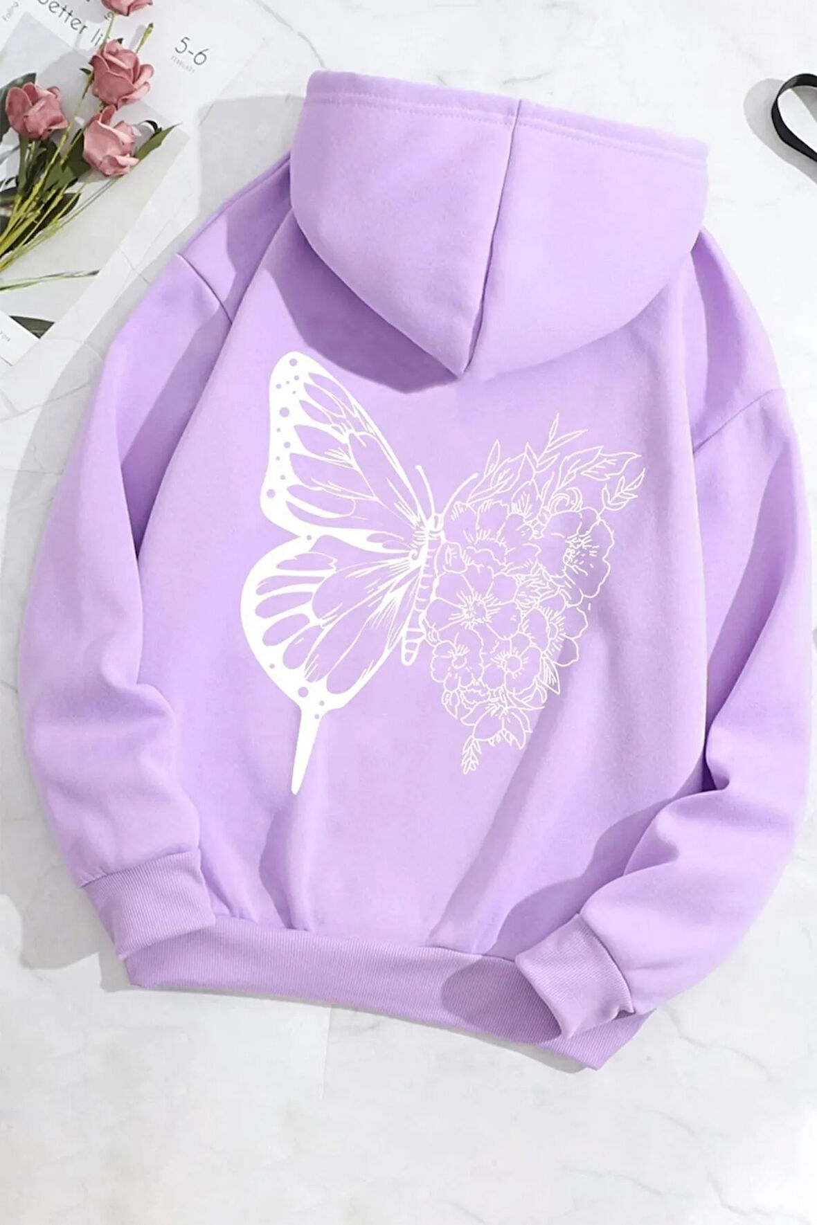 Unisex Drawing Butterflies Sırt Baskılı Sweatshirt