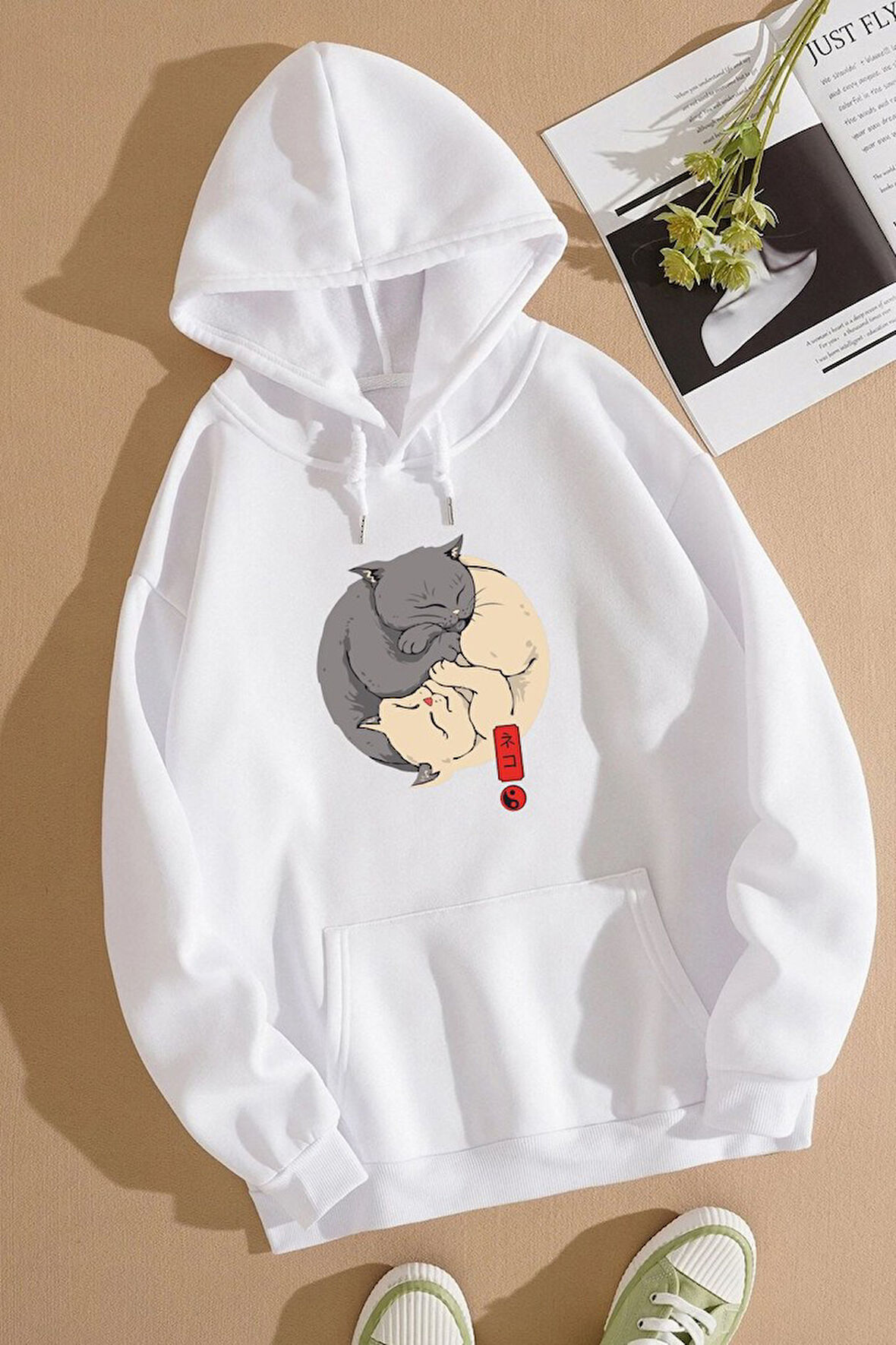 Uyguntarz Unisex Yin Yang Cats Baskılı Sweatshirt