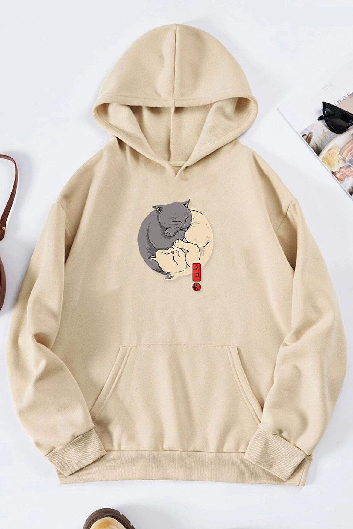 Uyguntarz Unisex Yin Yang Cats Baskılı Sweatshirt