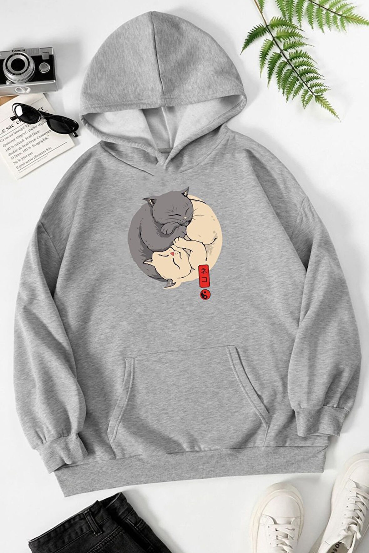 Uyguntarz Unisex Yin Yang Cats Baskılı Sweatshirt