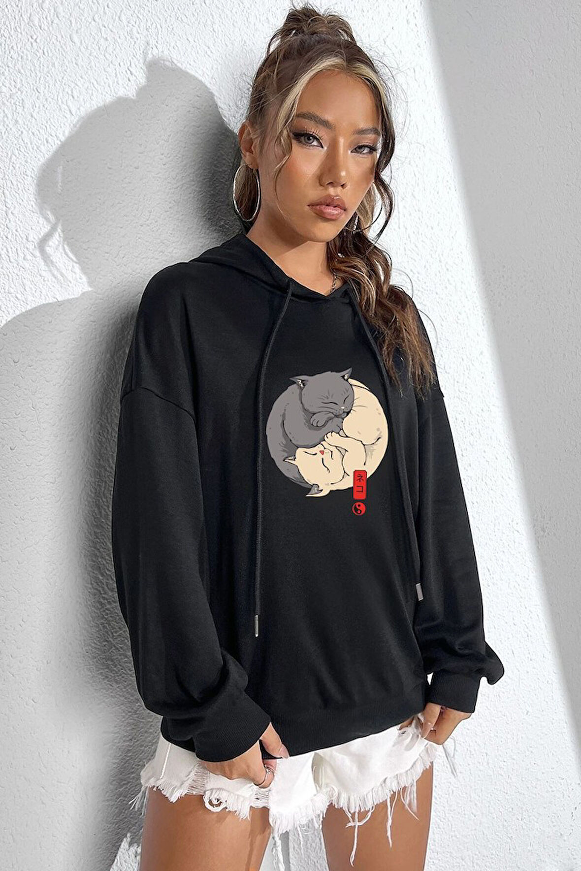 Uyguntarz Unisex Yin Yang Cats Baskılı Sweatshirt